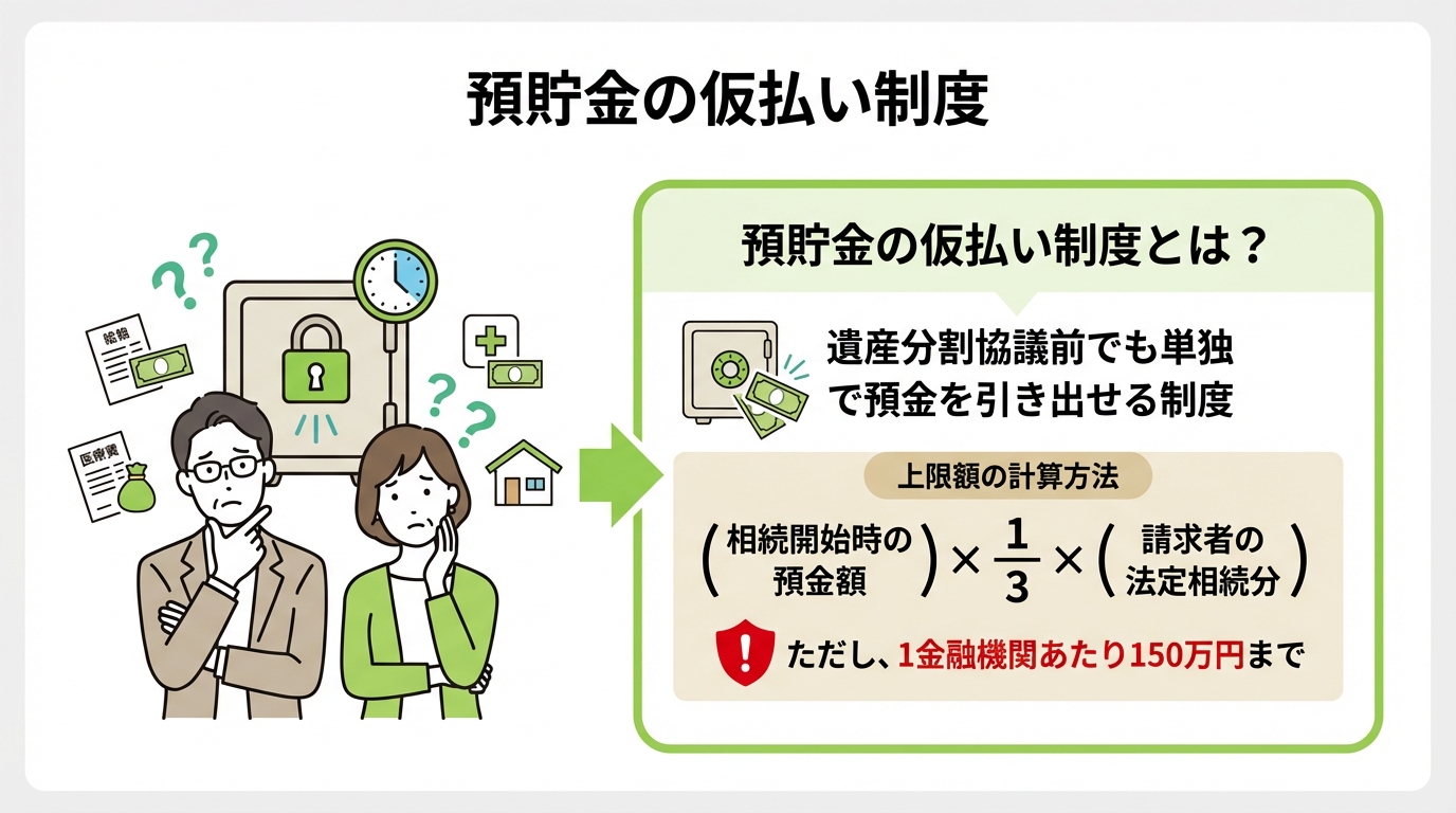 預貯金の仮払い制度の概要と上限額の計算方法を解説した図解。相続人が遺産分割前に預金を引き出せる仕組みがわかります。