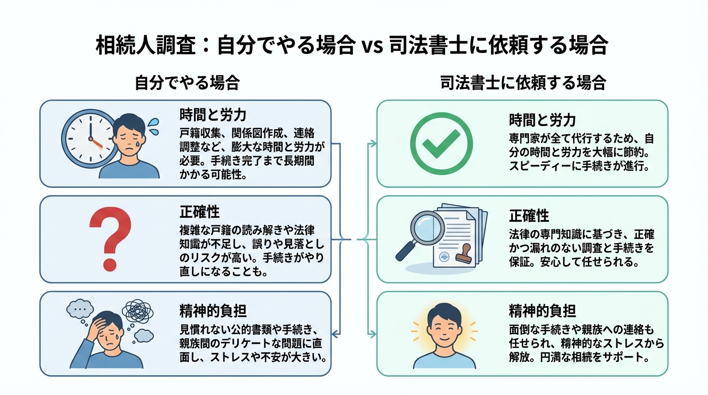 相続人調査を自分で行う場合と司法書士に依頼する場合のメリット・デメリットを比較した図解。