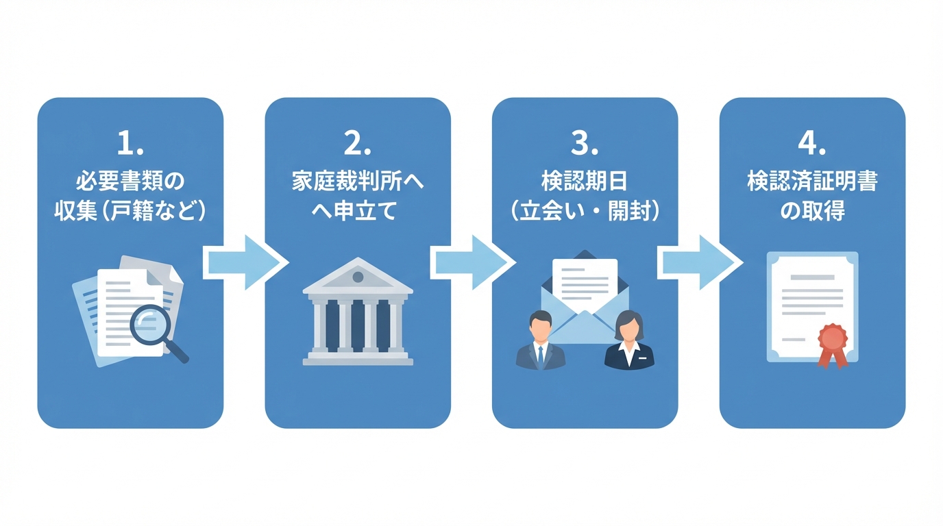 遺言書検認手続きの4つのステップ（必要書類の収集、家庭裁判所への申立て、検認期日、検認済証明書の取得）を順番に示したフローチャート。