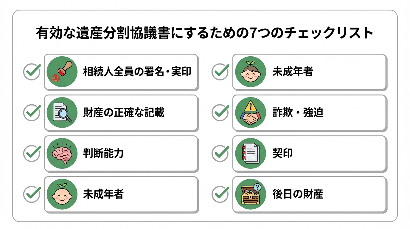 有効な遺産分割協議書にするための7つのチェックリスト。相続人全員の参加、財産の正確な記載、判断能力の確認など、作成時の注意点をアイコン付きで分かりやすく解説。