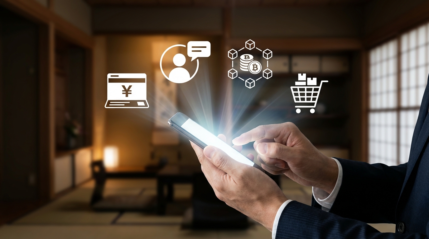 デジタル遺産のイメージイラスト。スマートフォンからネット銀行やSNSなどのアイコンが飛び出しており、現代の相続問題の複雑さを表している。