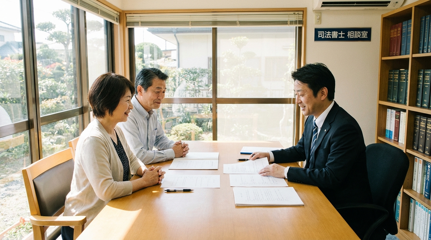 司法書士事務所で相談する夫婦。テーブルの上の書類を見ながら、司法書士からの説明に安心した表情で耳を傾けている。