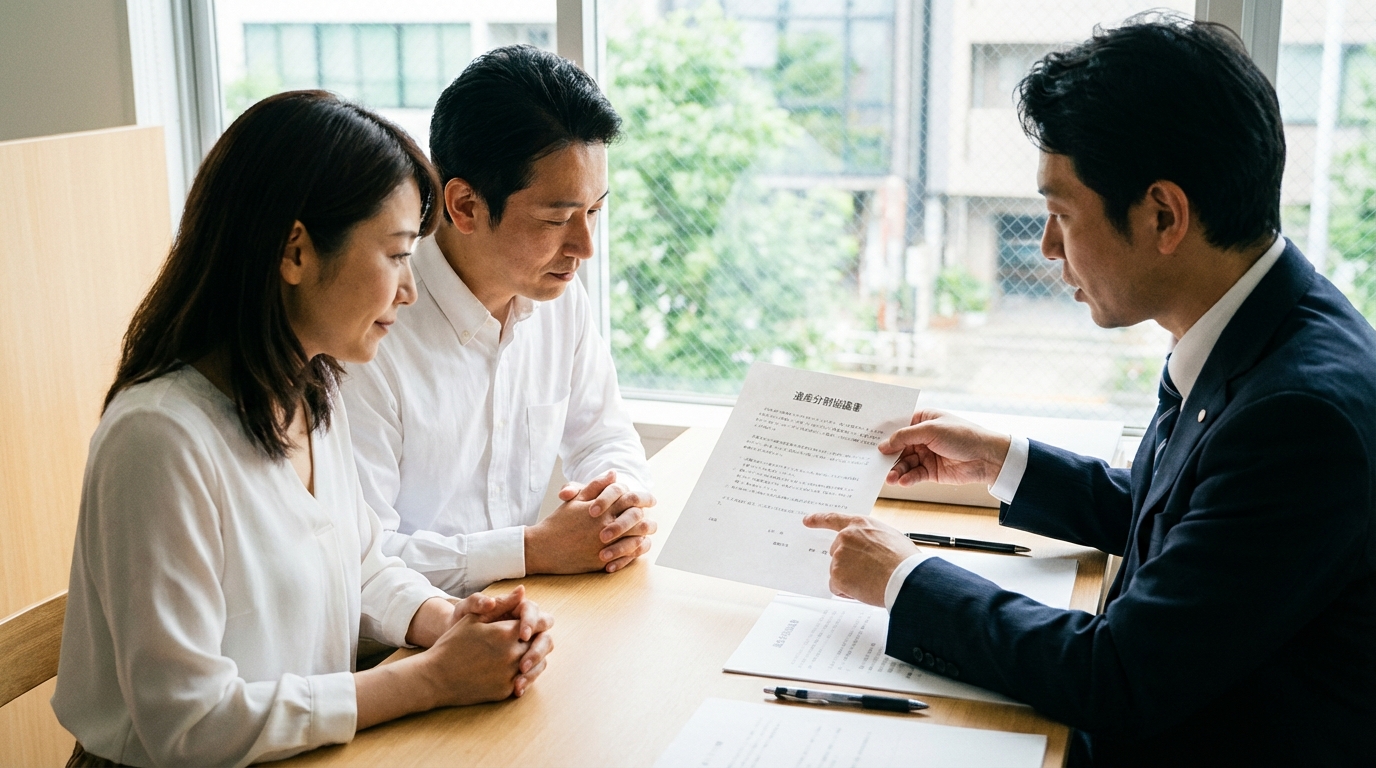 司法書士から遺産分割協議書の説明を受ける夫婦。専門家のアドバイスにより、相続手続きのトラブルを未然に防ぐ重要性が伝わる写真。