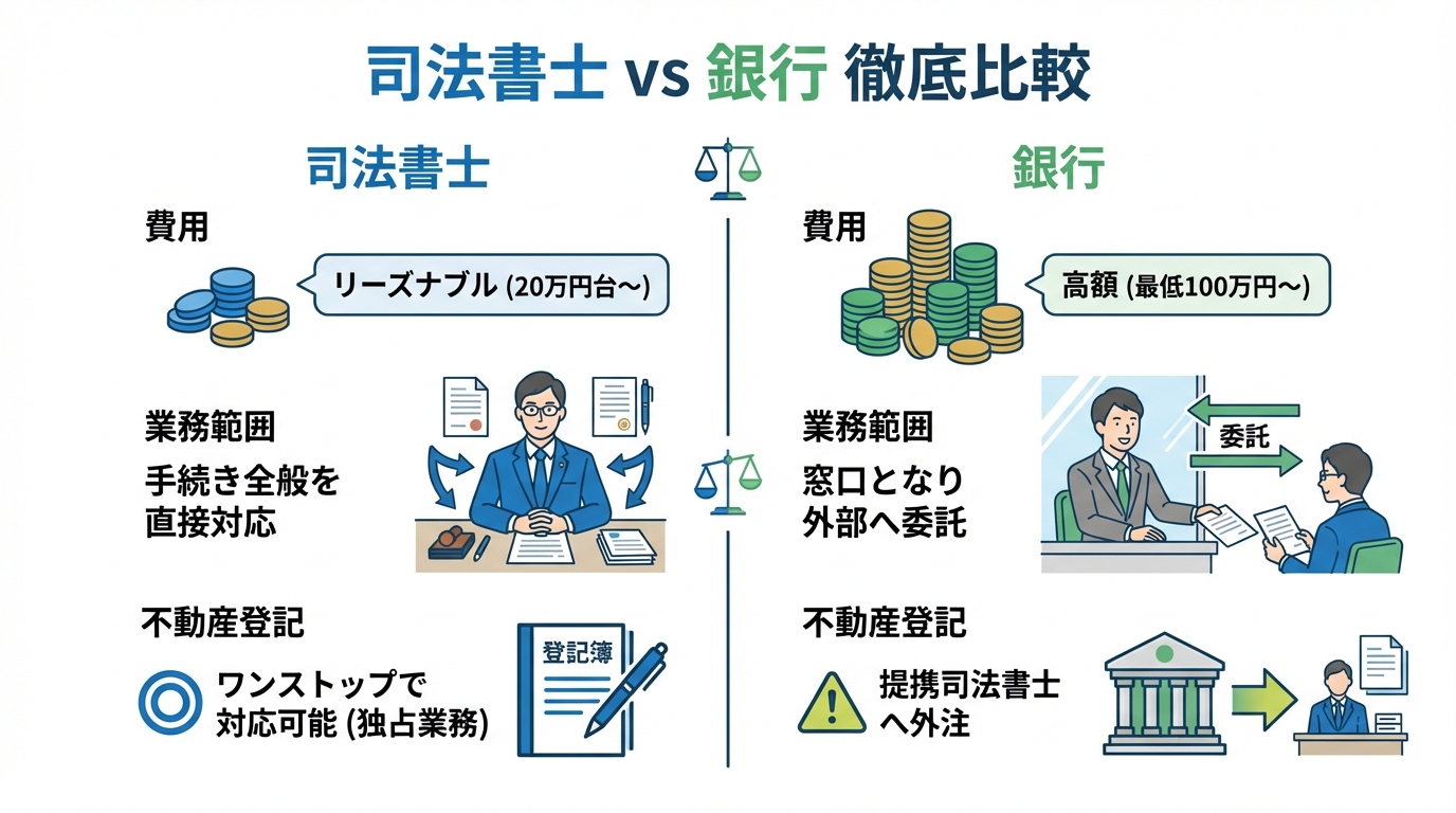 遺産整理の依頼先である司法書士と銀行の比較表。費用、業務範囲、不動産登記の観点から、司法書士がリーズナブルでワンストップ対応可能であるのに対し、銀行は高額で外部委託となる点を解説。
