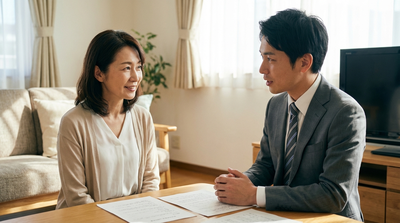 リビングで司法書士に相談し、安心した表情を浮かべる女性。専門家への相談で悩みが解決に向かう様子を表している。