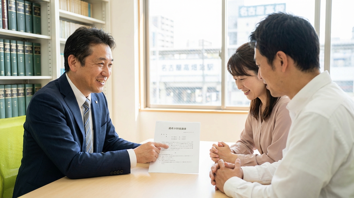 司法書士に遺産分割協議書の作成について相談する夫婦。専門家から説明を受け、安心した表情を浮かべている。