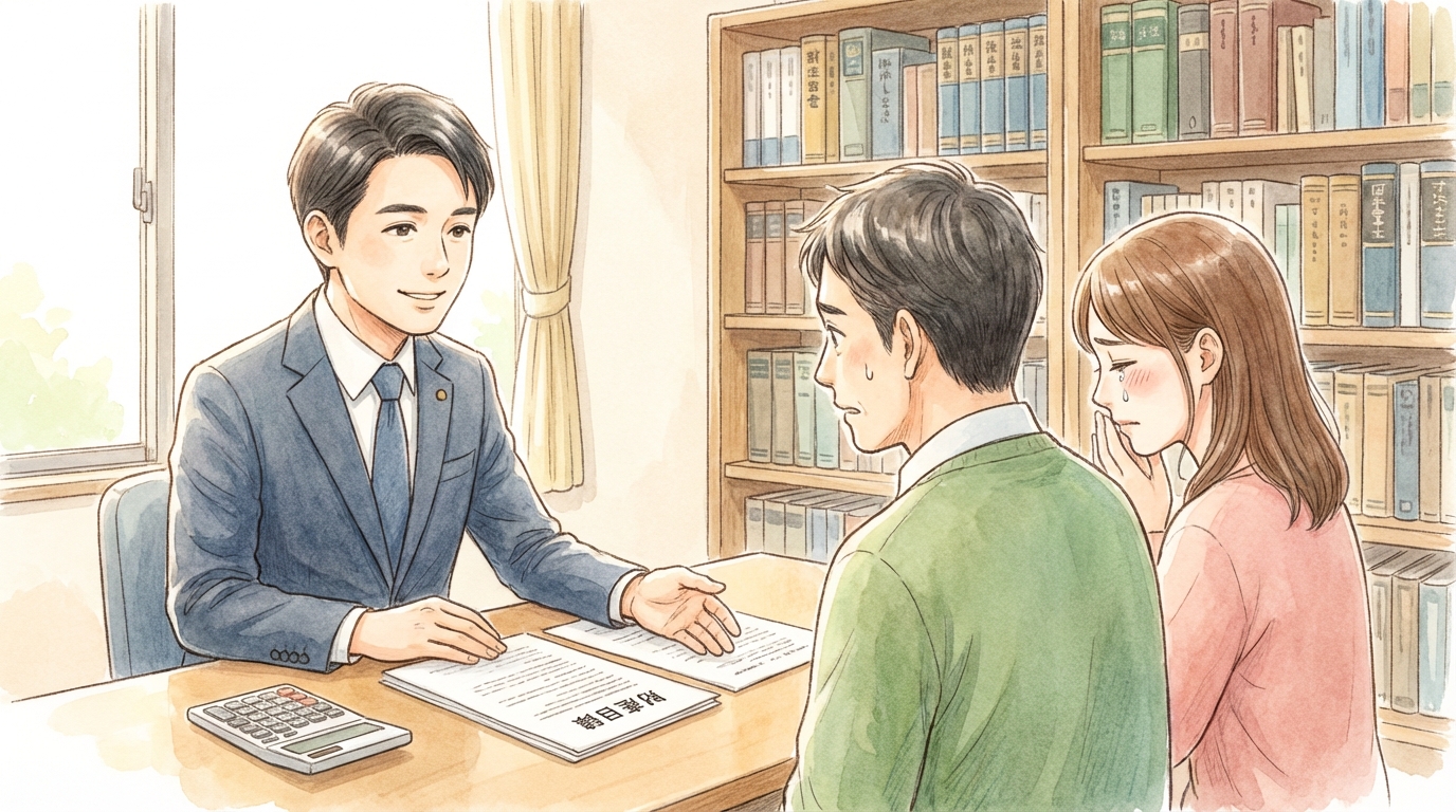 司法書士に相続税について相談している夫婦。専門家から説明を受け、少し安心した表情を浮かべている。