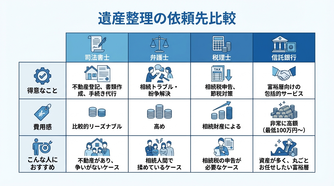 遺産整理の依頼先比較表。司法書士、弁護士、税理士、信託銀行の4者を「得意なこと」「費用感」「おすすめな人」の3項目で比較し、最適な相談先を選ぶための情報を提供している。