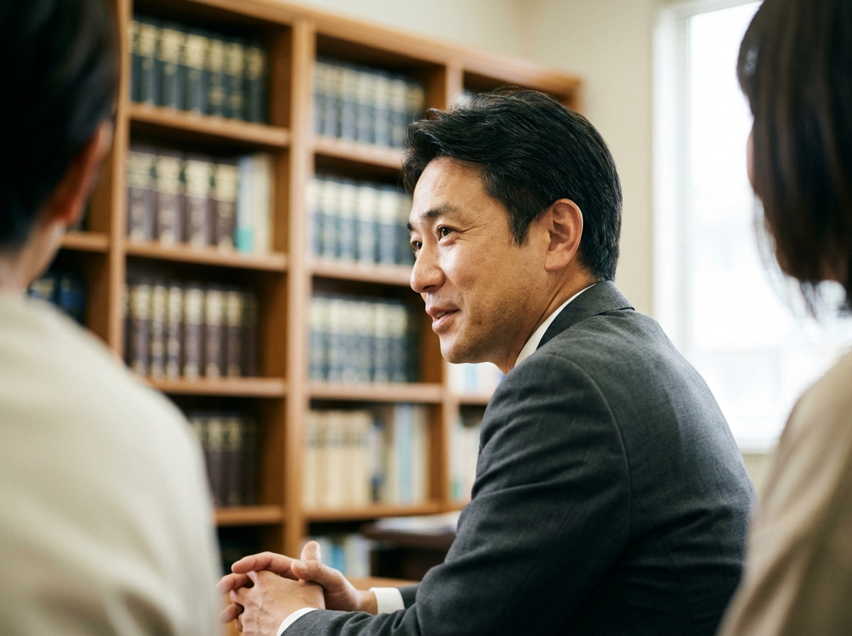 名古屋高畑駅前司法書士事務所の司法書士が、相談者の話に真摯に耳を傾けている様子。専門家としての信頼感が伝わる。