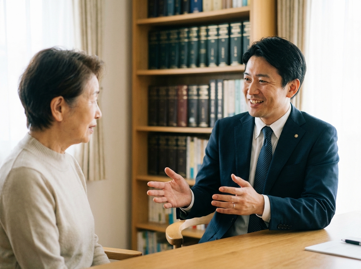 司法書士に相談し、安心した表情を浮かべる女性。専門家が親身に対応することで、相続の不安が解消される様子。