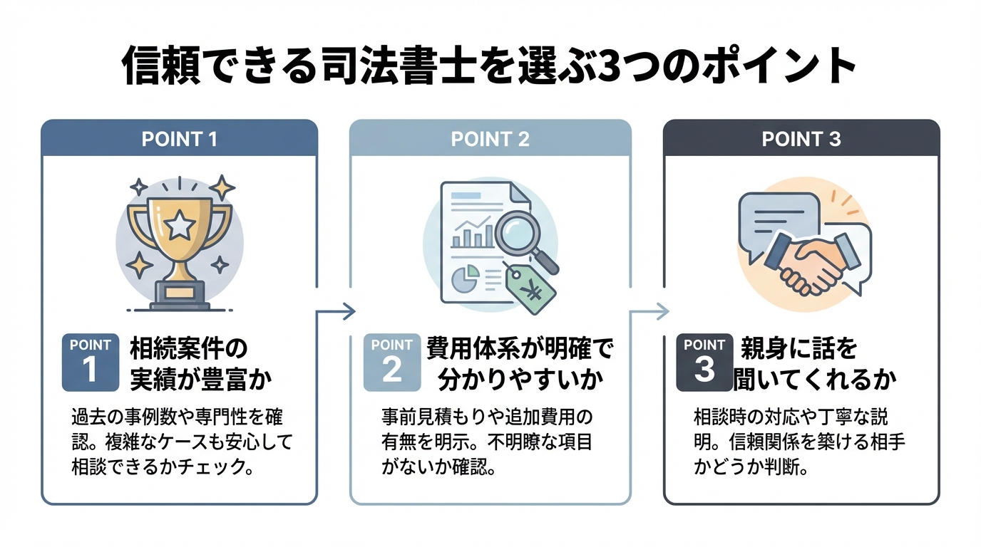 信頼できる司法書士を選ぶための3つのチェックポイント。1.相続案件の実績、2.明確な費用体系、3.親身な対応、がイラスト付きで示されている。