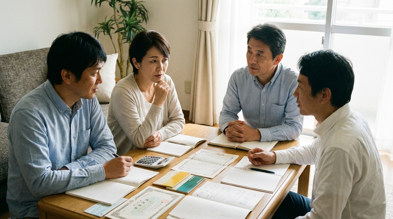 テーブルに不動産の権利証や預金通帳を広げ、相続財産の範囲について話し合っている家族の様子。