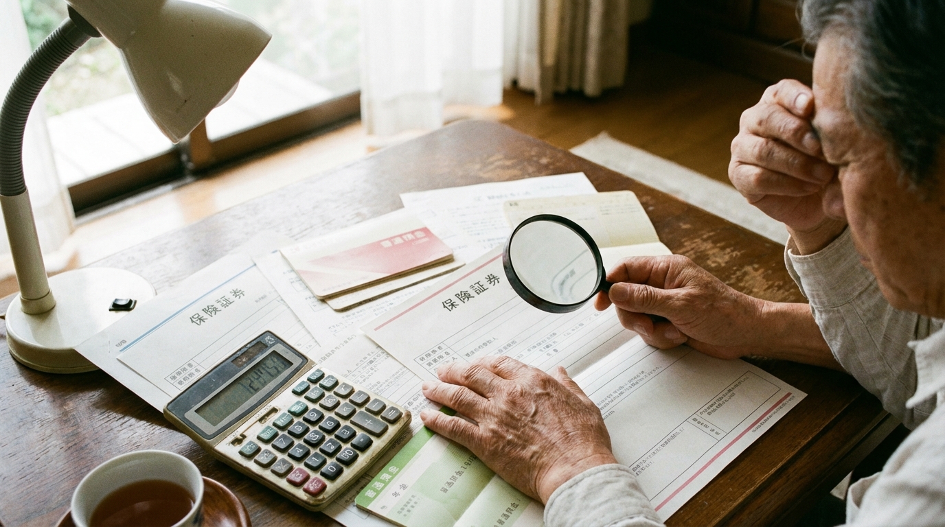テーブルの上に広げられた保険証券や通帳などの書類を確認している様子。生命保険の契約内容を調べているイメージ。