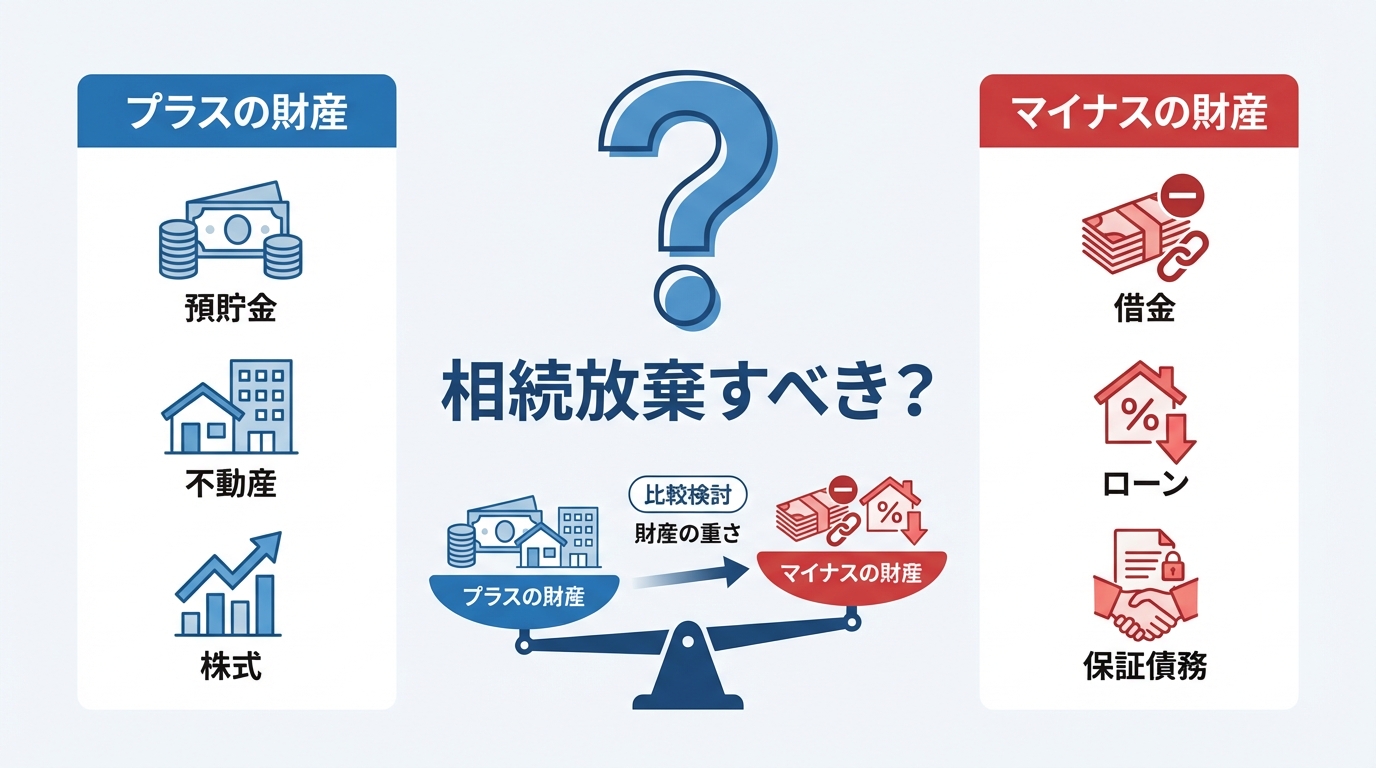 相続放棄を判断するための財産調査のイメージ図。プラスの財産(預貯金、不動産)とマイナスの財産(借金、ローン)を天秤にかけて比較している。