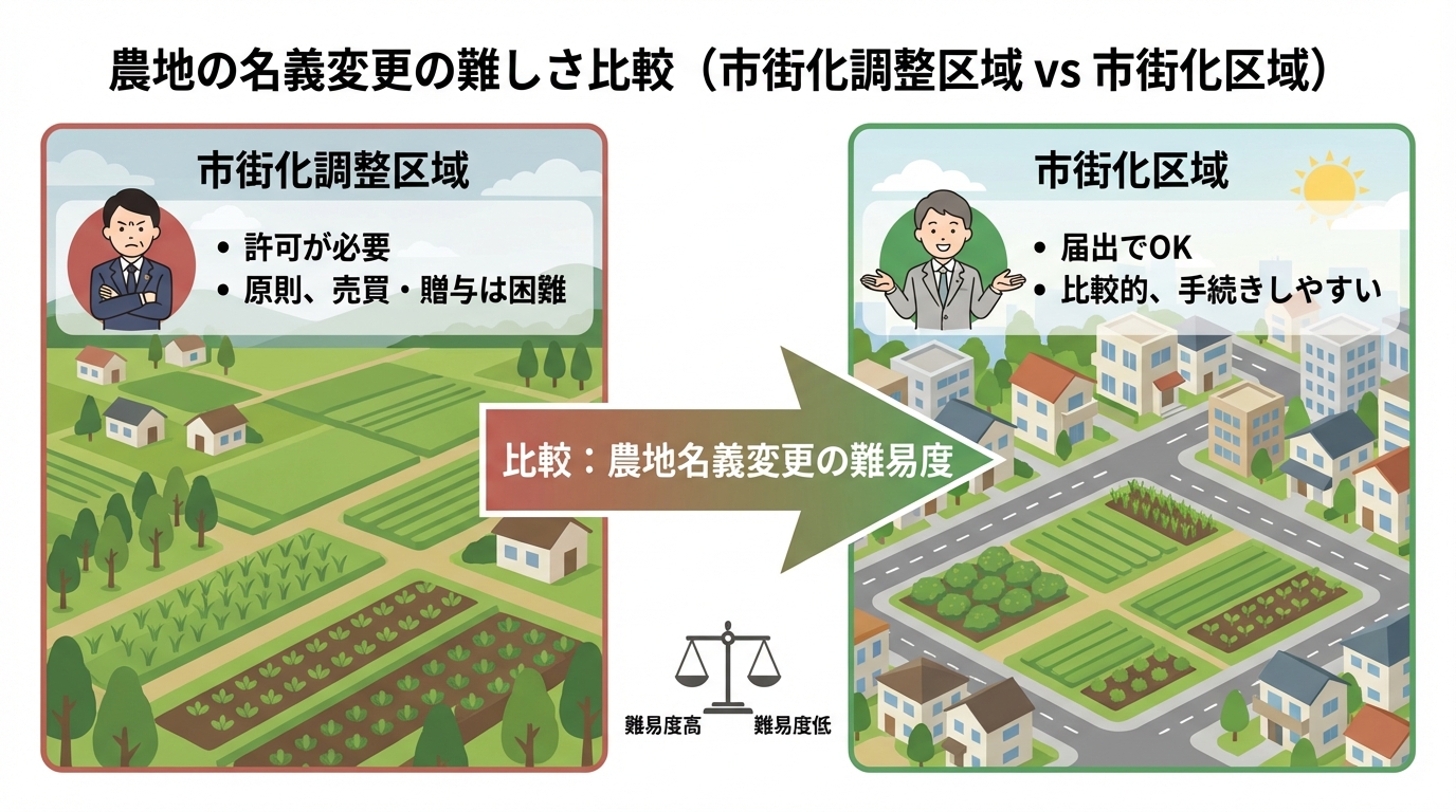 市街化調整区域と市街化区域における農地名義変更の難易度比較図。調整区域は許可が必要で困難、市街化区域は届出で比較的容易であることを示している。