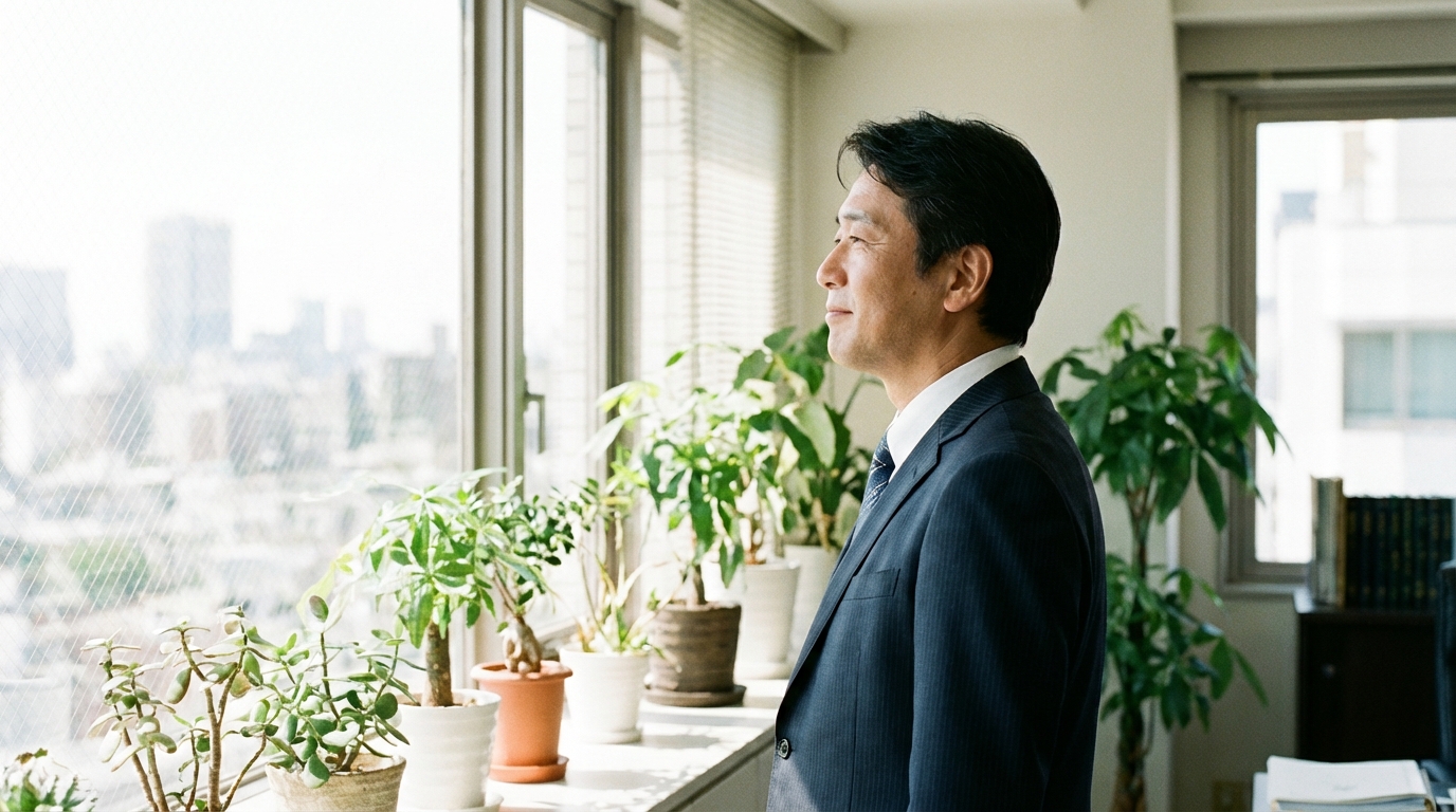 相続した不要な土地の問題が解決し、安堵の表情を浮かべる相談者