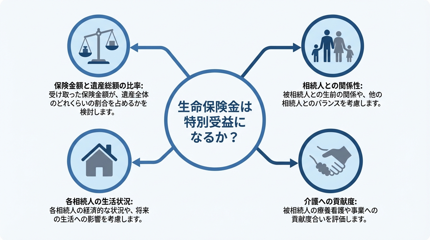 生命保険金が特別受益と判断される場合の考慮要素を図解したインフォグラフィック。遺産総額との比率、相続人との関係性などがポイント。