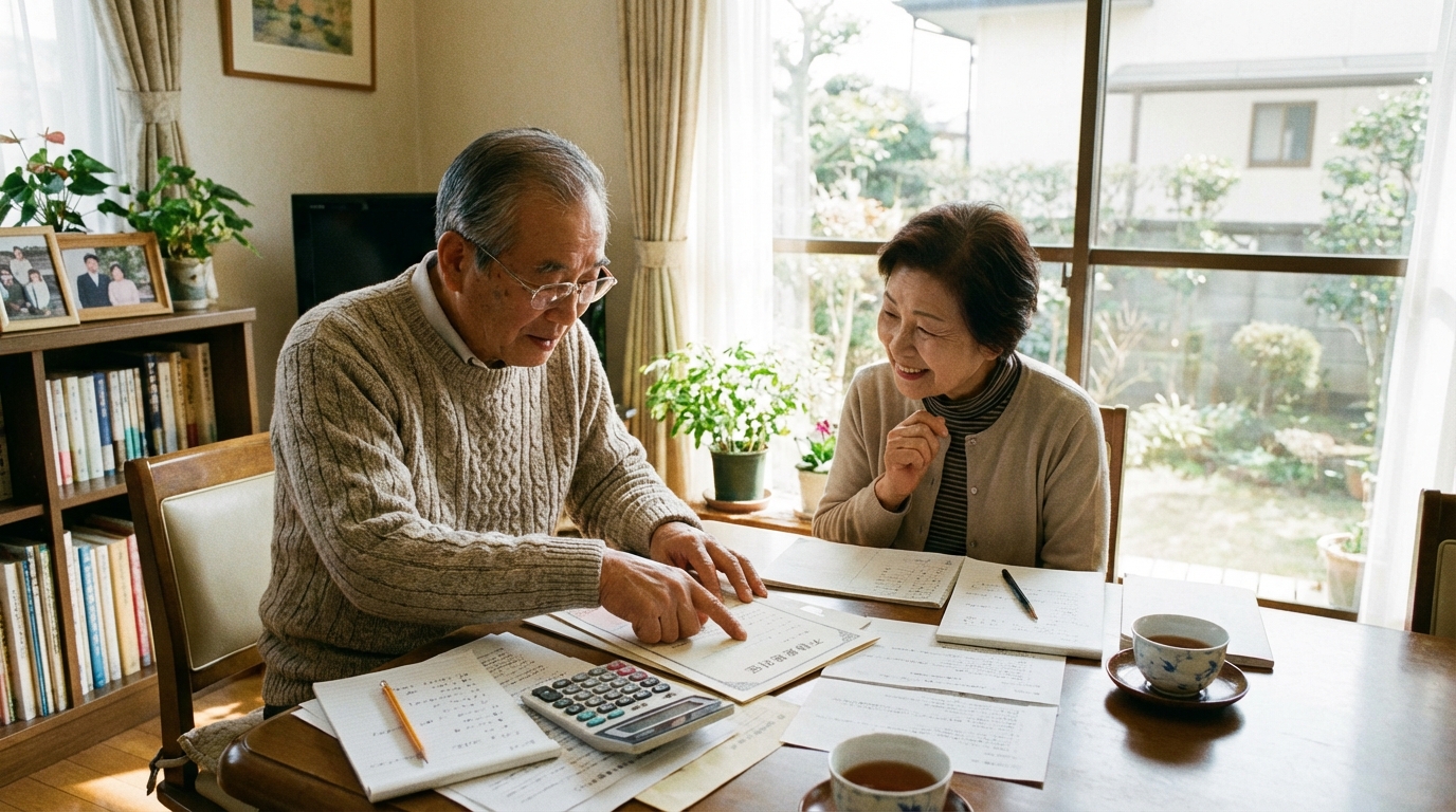 自宅のリビングで不動産の生前贈与について話し合うシニア夫婦。将来の安心のために計画を立てている様子。