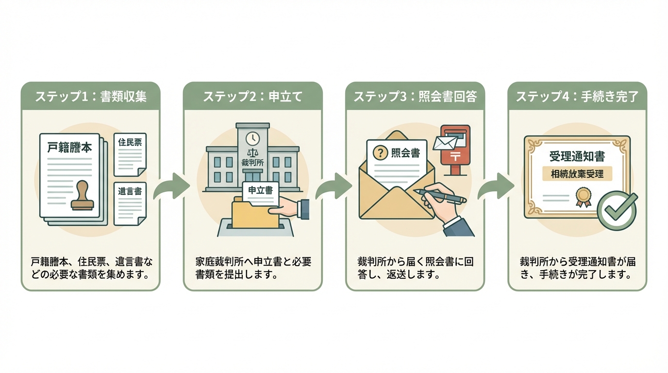 相続放棄の手続きの流れを図解したインフォグラフィック。ステップ1書類収集、ステップ2申立て、ステップ3照会書回答、ステップ4手続き完了の4段階が示されている。