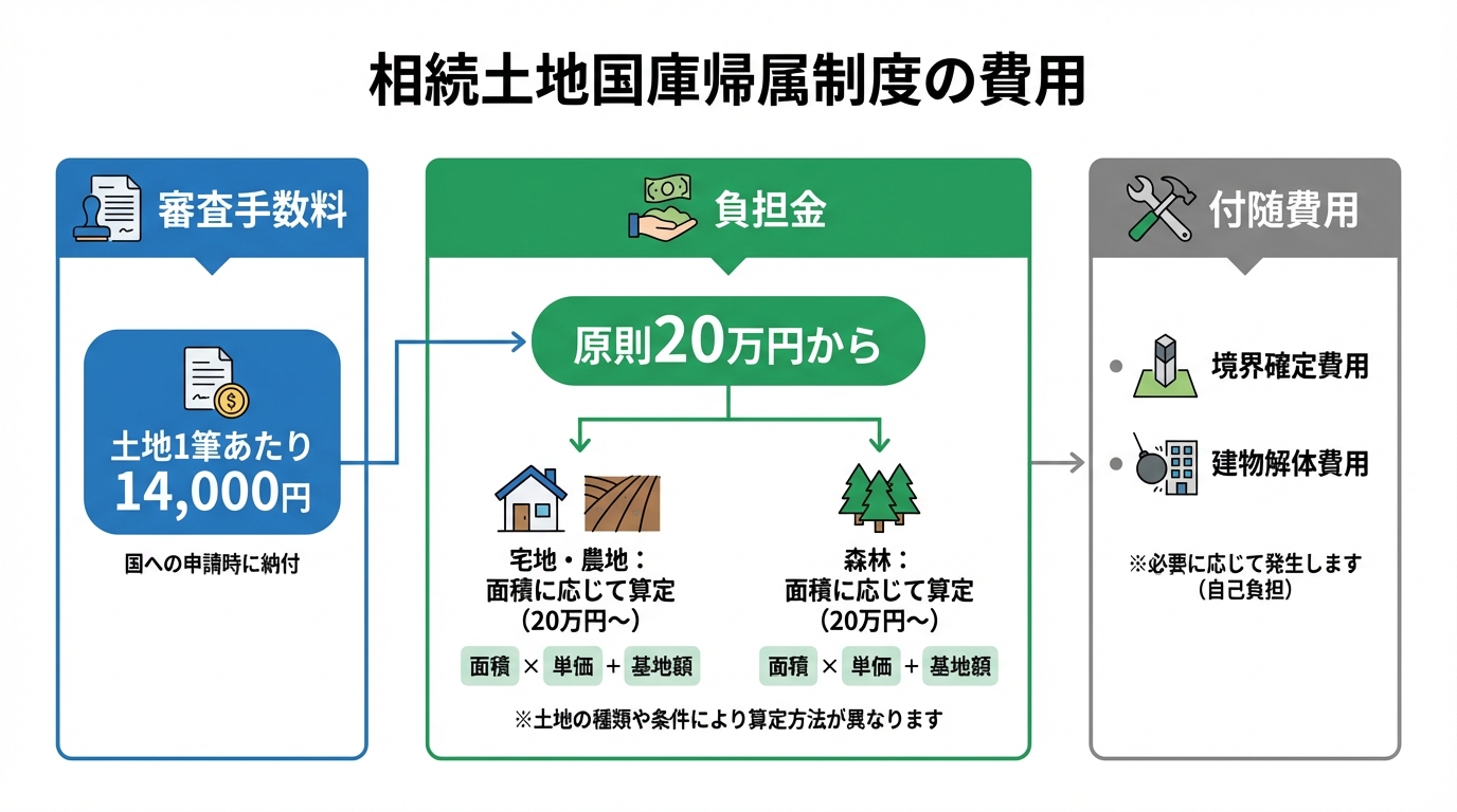 相続土地国庫帰属制度にかかる費用の内訳を示した図解。審査手数料、負担金、付随費用について説明している。