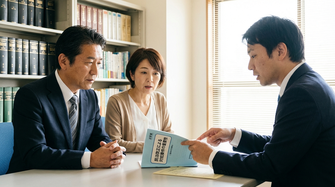 司法書士が民法改正による相続登記の対抗要件について相談者に説明している様子。