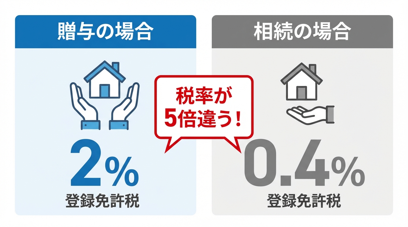 不動産登記における登録免許税の税率比較図。贈与の場合は2%、相続の場合は0.4%であり、贈与の方が5倍高いことを示しています。
