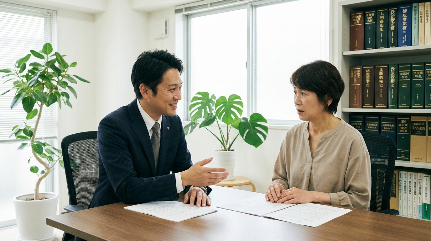 司法書士に相続放棄の相談をし、安心した表情で話を聞いている女性相談者。