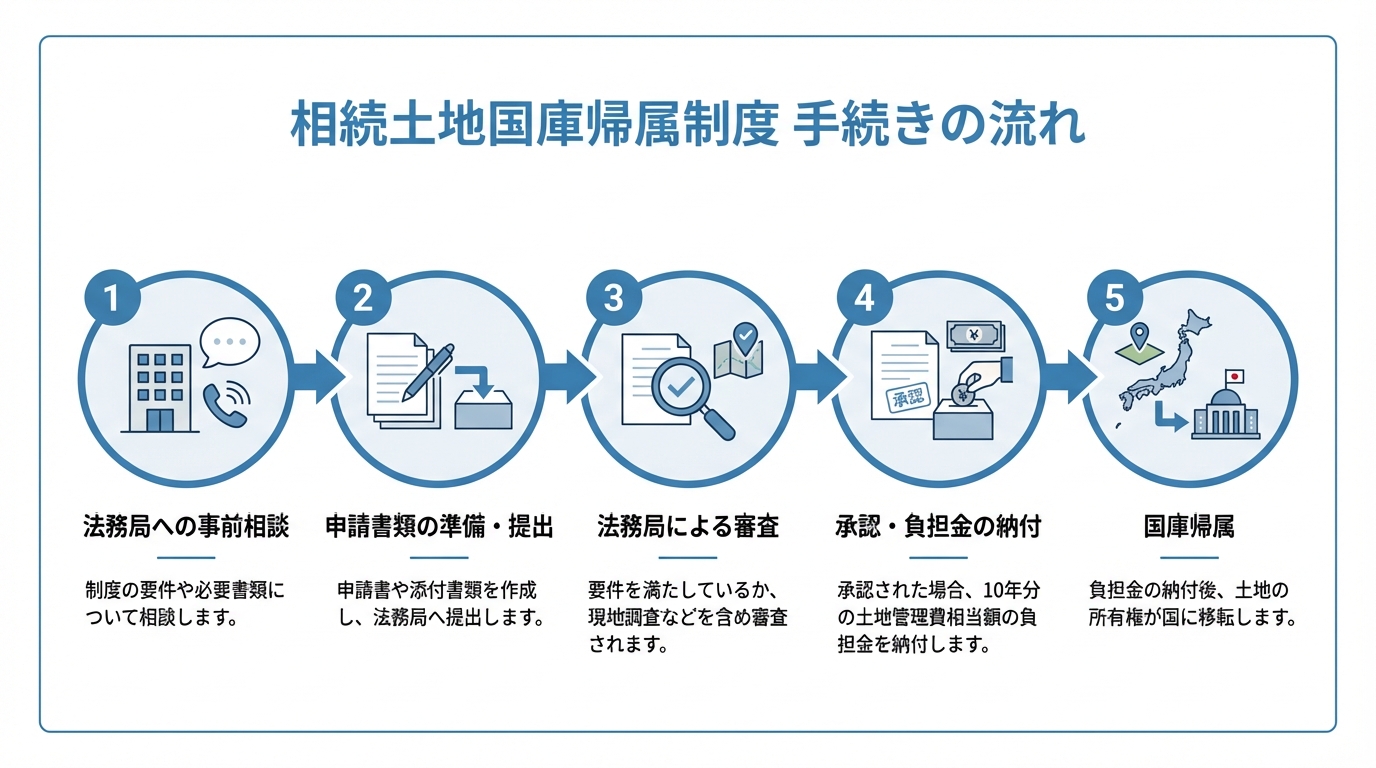 相続土地国庫帰属制度の申請から国庫帰属までの5つのステップを示した手続きの流れの図解。