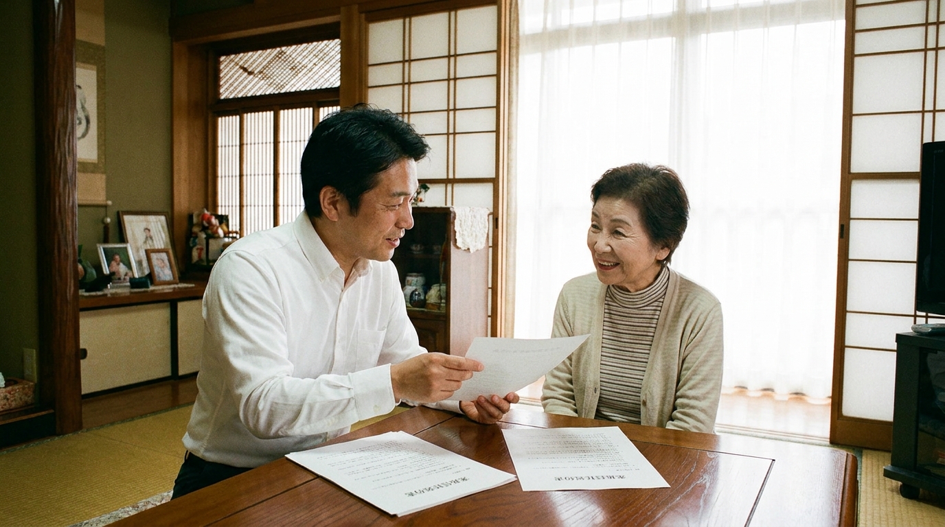 リビングで息子から家族信託の説明を受け、安心した表情を浮かべる高齢の母親。家族間の信頼と将来への備えを象徴する一枚。