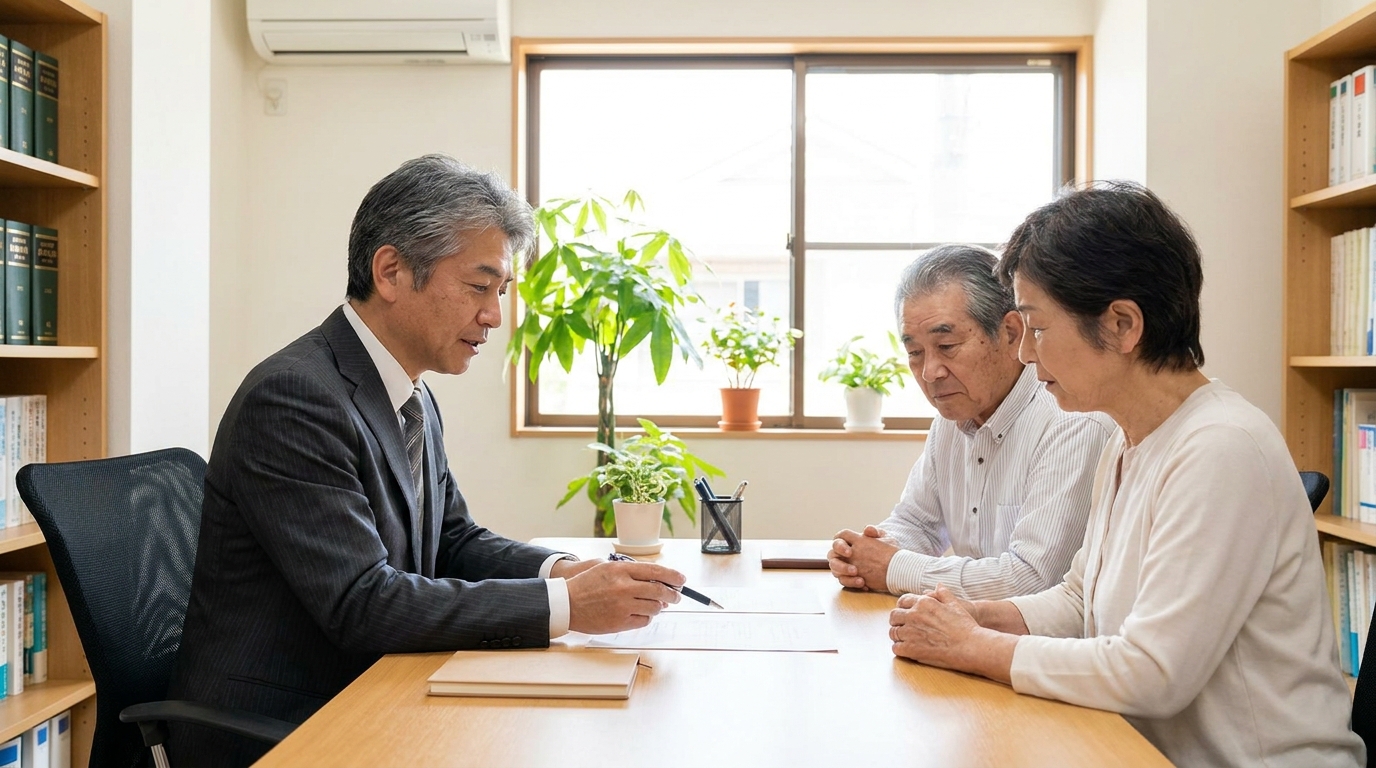 司法書士事務所で、専門家から家族信託の契約書について説明を受ける老夫婦。真剣な表情で話を聞いている。