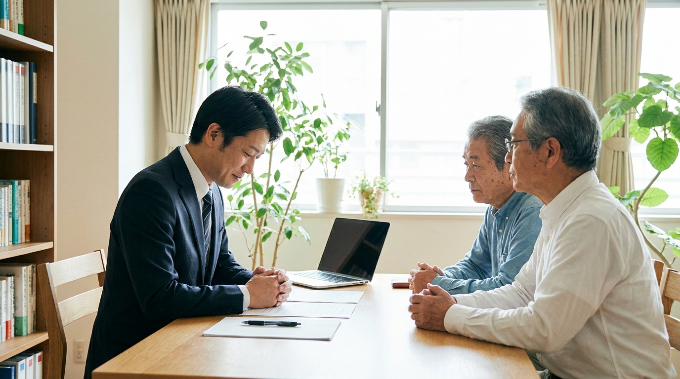 司法書士が相談者の高齢夫婦から相続に関する悩みを聞いている様子。真剣かつ安心して話せる相談風景。