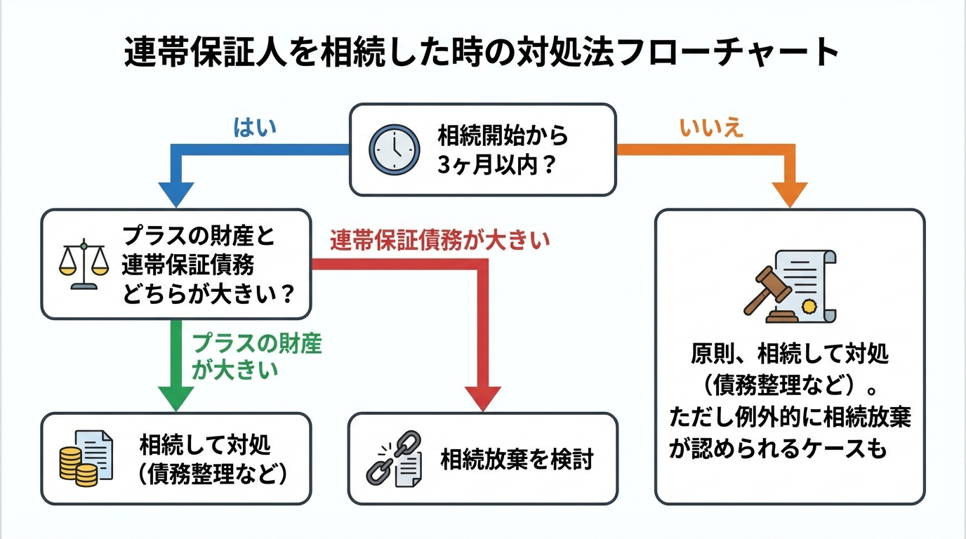 連帯保証人を相続した場合の状況別対処法フローチャート。3ヶ月以内か、財産の大小かで選択肢がわかる。