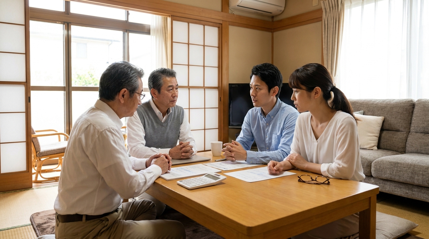 リビングで真剣に話し合いをする三世代の家族。家族信託について相談している様子。