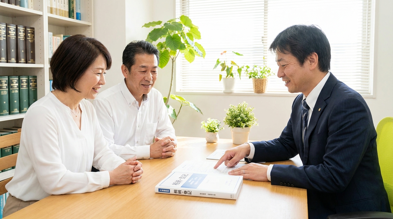 司法書士事務所で、賃貸経営者の夫婦が家族信託について相談している様子。専門家からの説明に安心している。