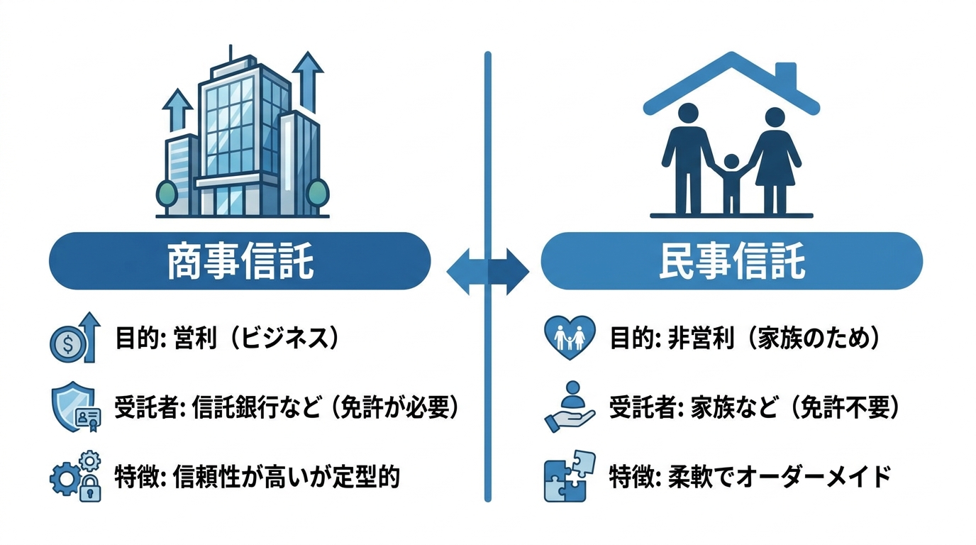 商事信託と民事信託の違いを比較する図解。営利目的の商事信託と、非営利で家族のためである民事信託の目的、受託者、特徴を対比している。