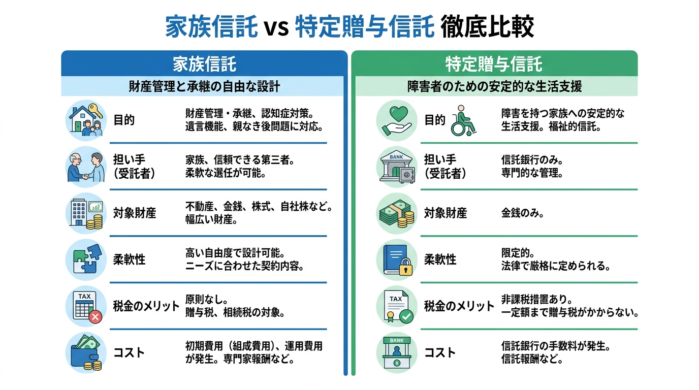 家族信託と特定贈与信託の比較表。目的、担い手、対象財産、柔軟性、税制メリット、コストの違いを分かりやすく図解。