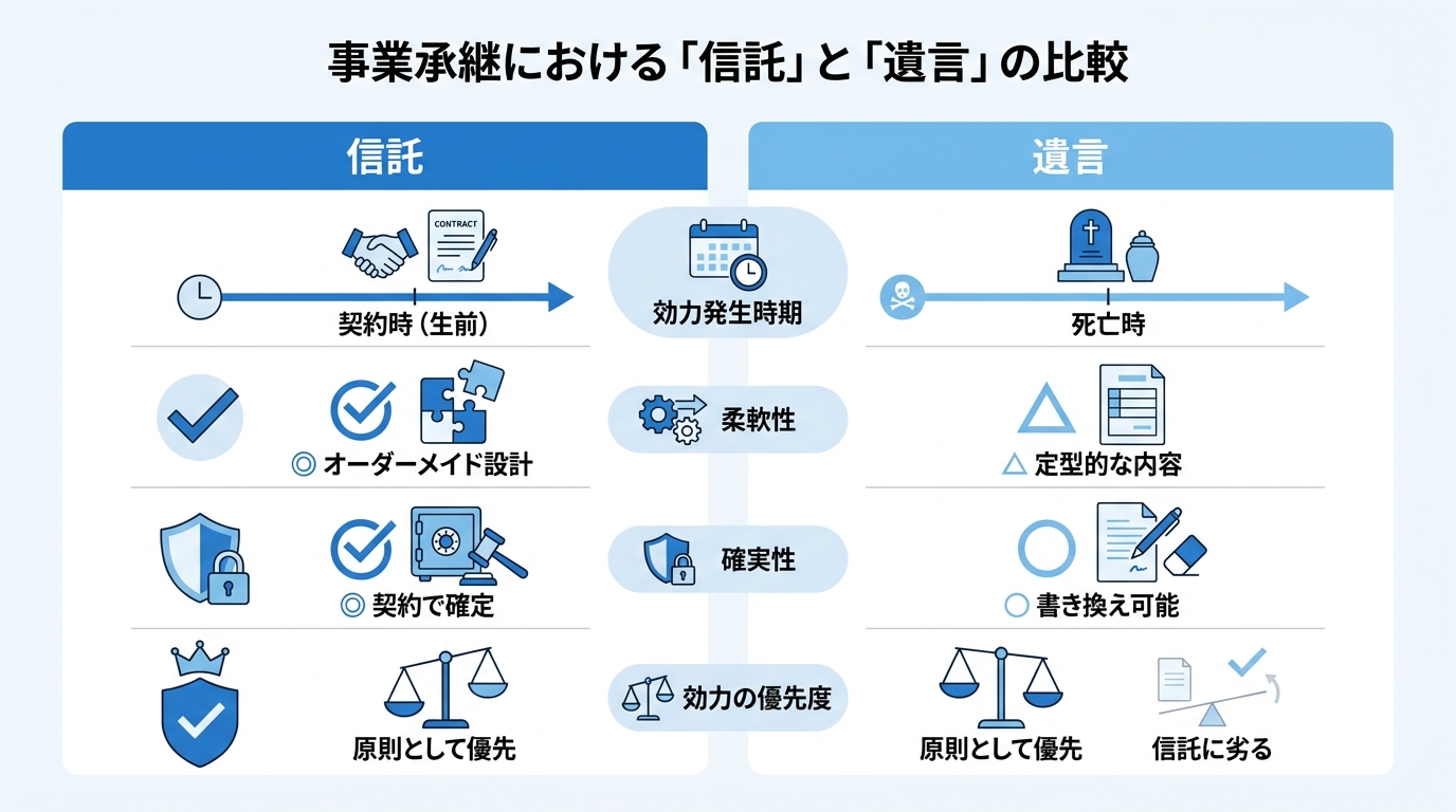 事業承継における信託と遺言の比較表。効力発生時期、柔軟性、確実性、効力の優先度の4項目で違いを解説。