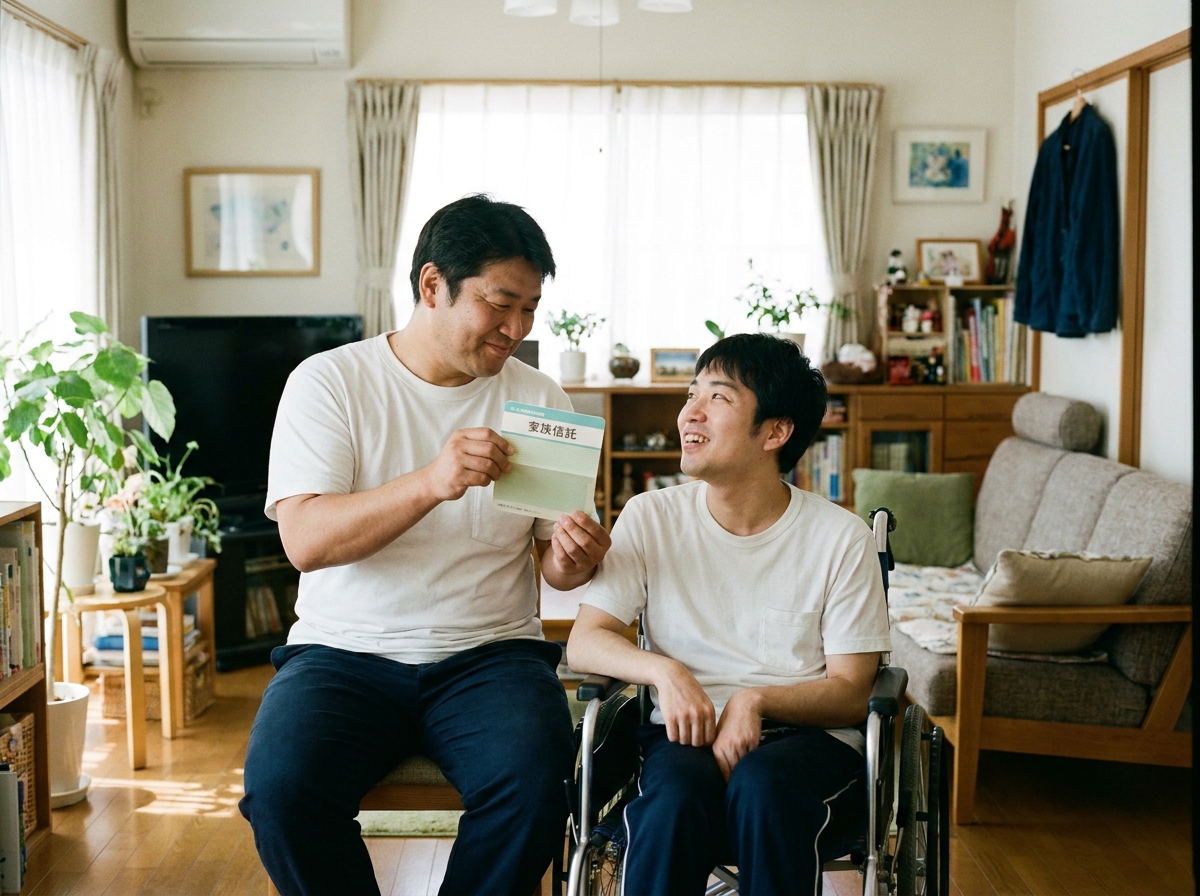 兄が障がいのある弟の財産を管理している様子。家族信託を活用して兄弟で支え合う未来を表現したイラスト。