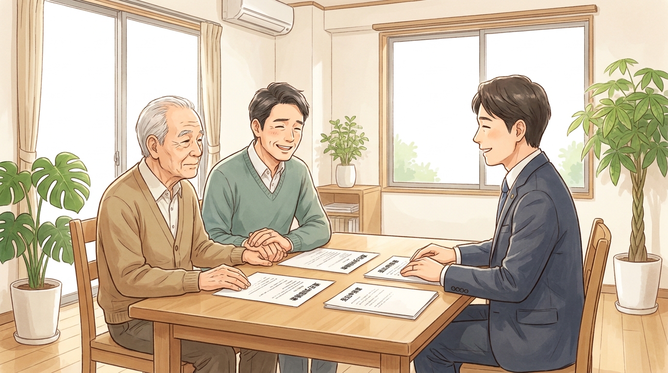司法書士事務所で、父親と息子が司法書士に相談し、安心した表情で話を聞いているイラスト。