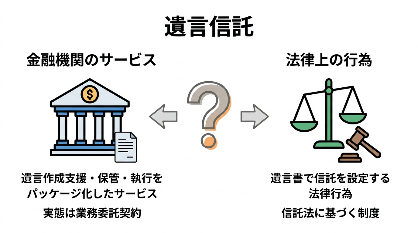 「遺言信託」という言葉が持つ、金融機関のサービスと法律上の行為という2つの意味の違いを比較した図解。