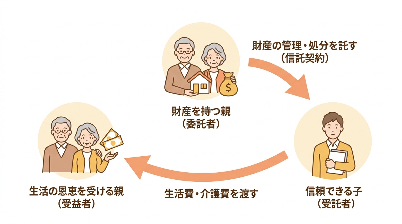 家族信託の仕組みを説明する図解。委託者(親)、受託者(子)、受益者(親)の三者の関係性と、財産管理の流れを示している。