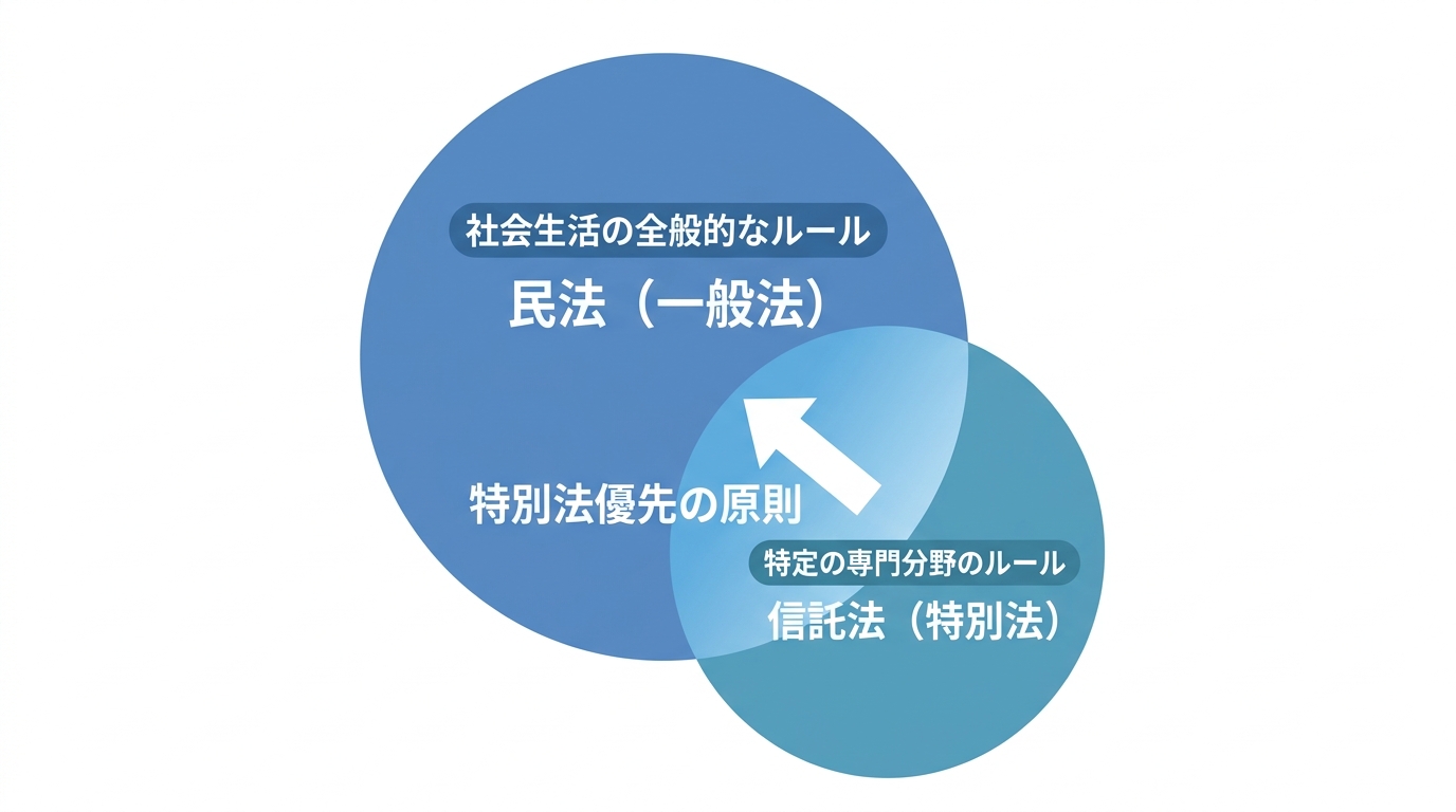 一般法である民法と特別法である信託法の関係を示す図解。大きな円で示された民法の一部に、小さな円で示された信託法が重なり、「特別法優先の原則」が適用されることを表している。
