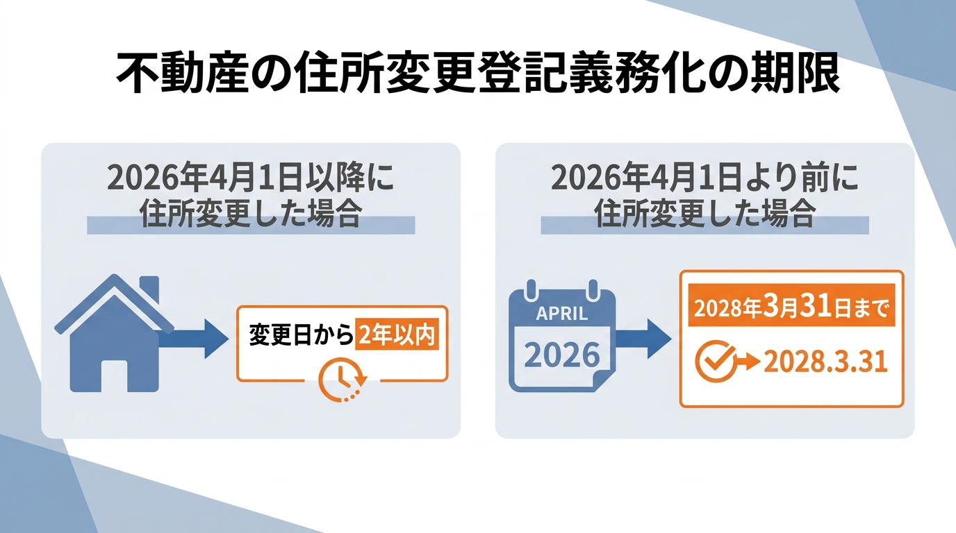 不動産住所変更登記の義務化における期限を解説する図解。2026年4月1日以降の変更は2年以内、それ以前の変更は2028年3月31日までと示されている。