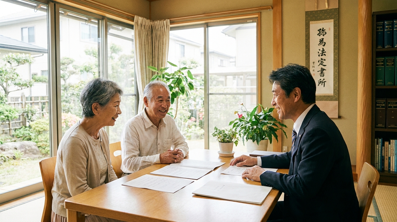 司法書士事務所で、遺言や信託について相談し、安心した表情を浮かべる老夫婦。