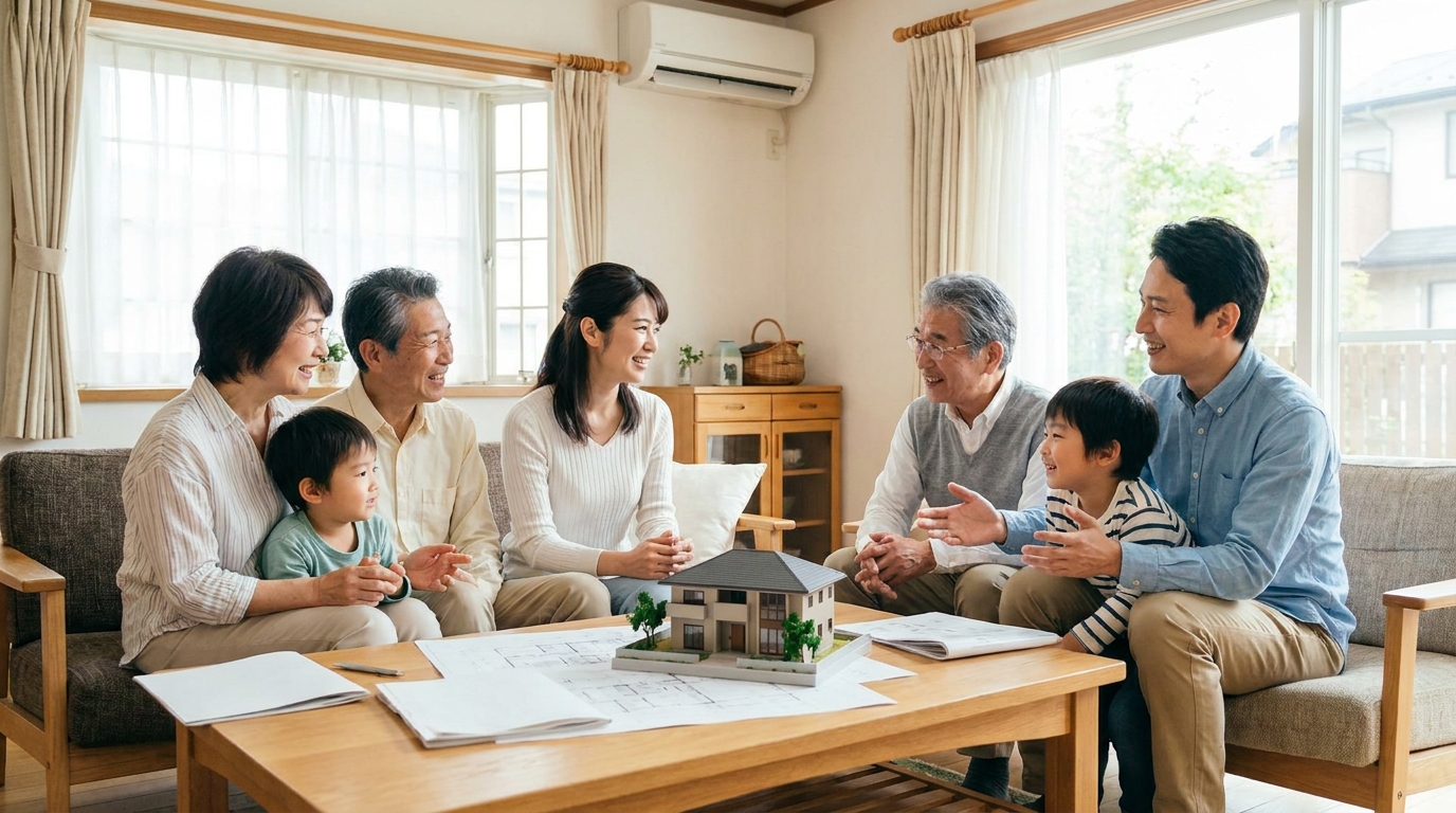 3世代の家族がリビングで将来の資産承継について話し合っているイラスト。家族信託や遺言を通じて、円満な未来を築こうとしている様子を表している。