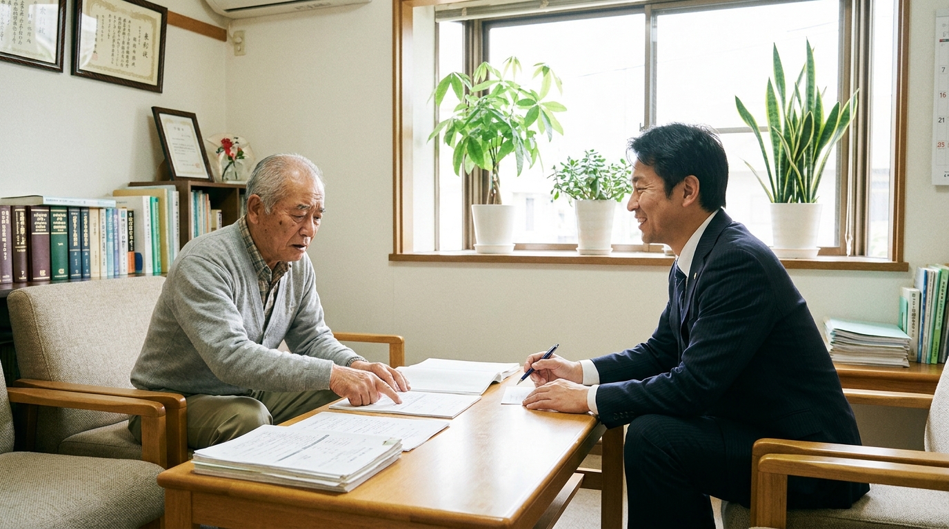 司法書士事務所で、不動産の書類を前に相談するシニア男性。司法書士が親身に話を聞いており、家族信託の複雑な問題について専門家と対策を練っている様子。