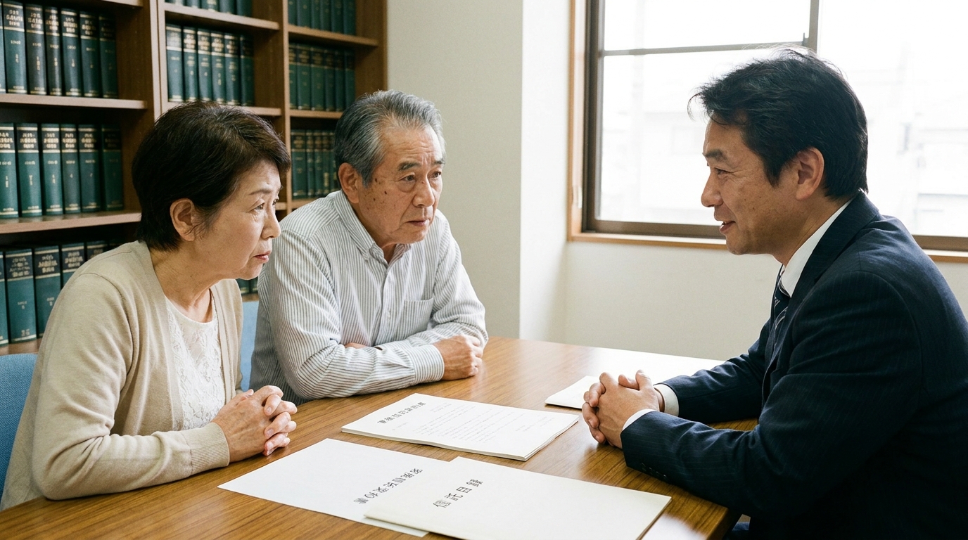 司法書士事務所で家族信託の相談をする夫婦。テーブルの上の書類を見ながら、専門家である司法書士の説明を真剣に聞いている。