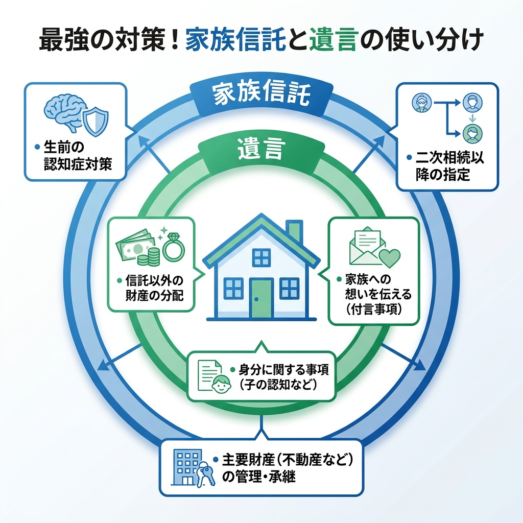 家族信託と遺言を併用するメリットを示した図解。主要財産は家族信託で、その他の財産や身分行為は遺言でカバーするという役割分担を視覚的に表現している。