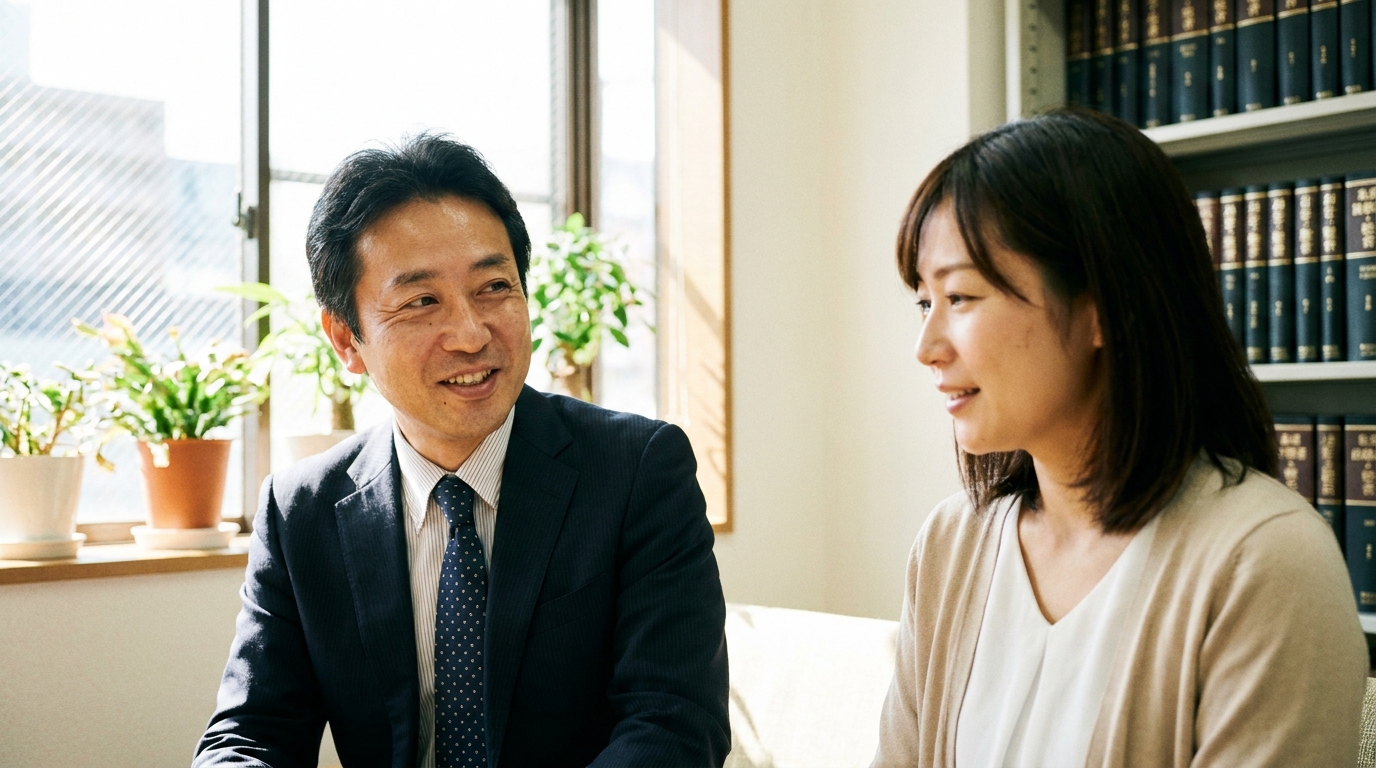 司法書士が相談者の女性に親身にアドバイスしている。オフィスのテーブルで向かい合って話している。