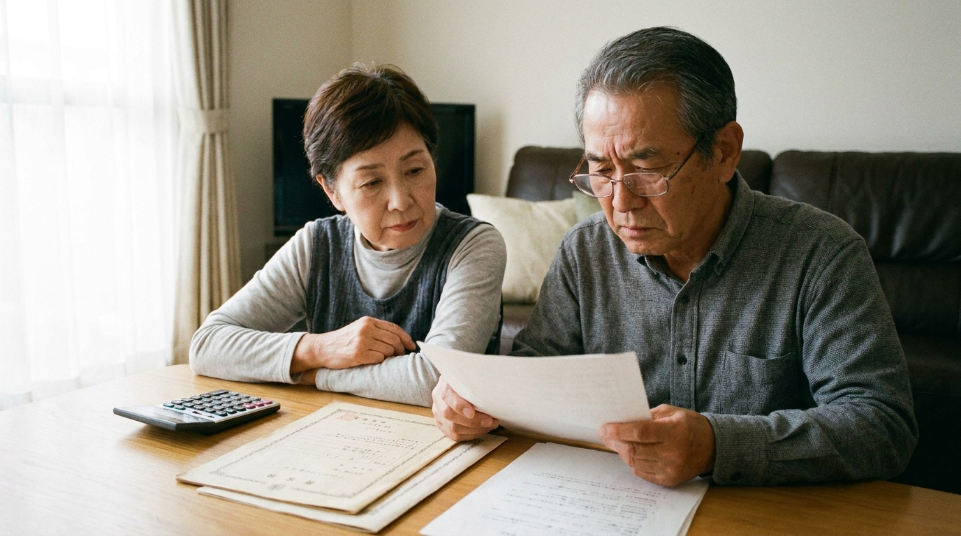自宅のリビングで生前対策について話し合う初老の夫婦